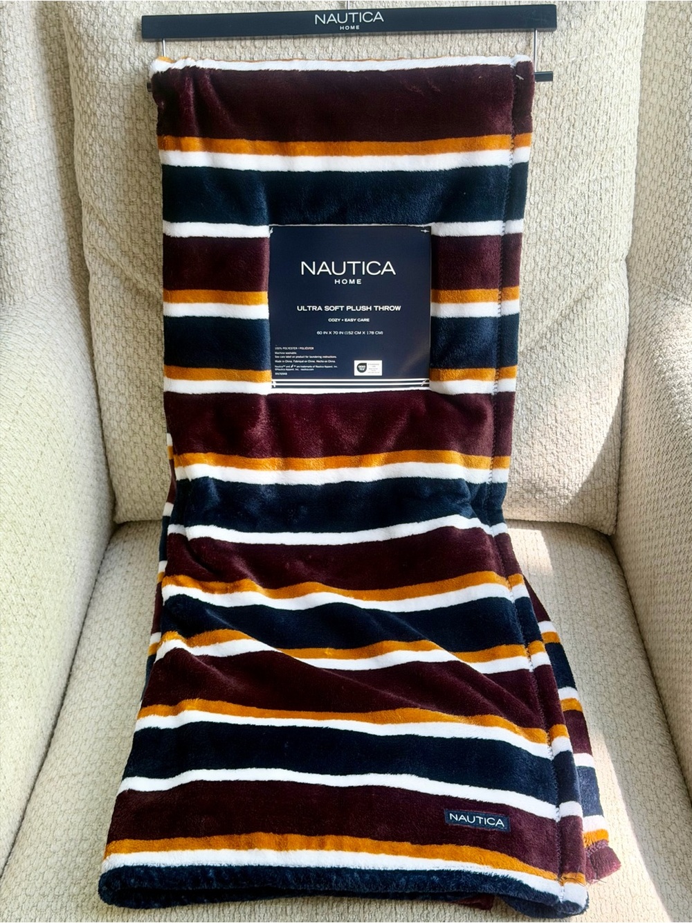 Nautica Home Plush Throw Blanket 60x70 Striped Navy Maroon Preppy Home Decor NWT